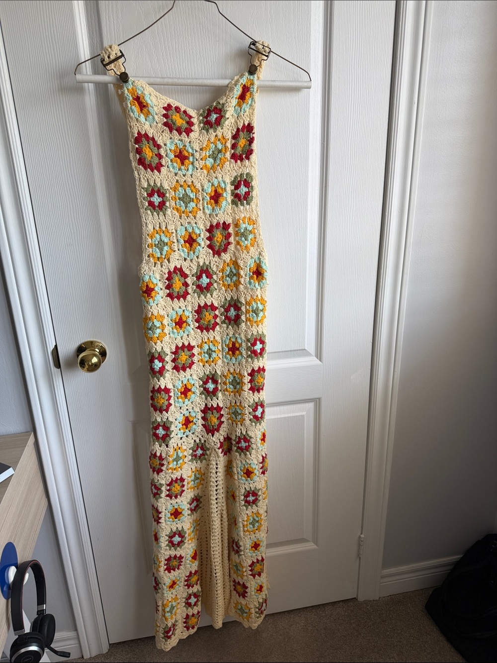 Free People Cream Crochet Maxi dress with Red & Yellow Floral Squares